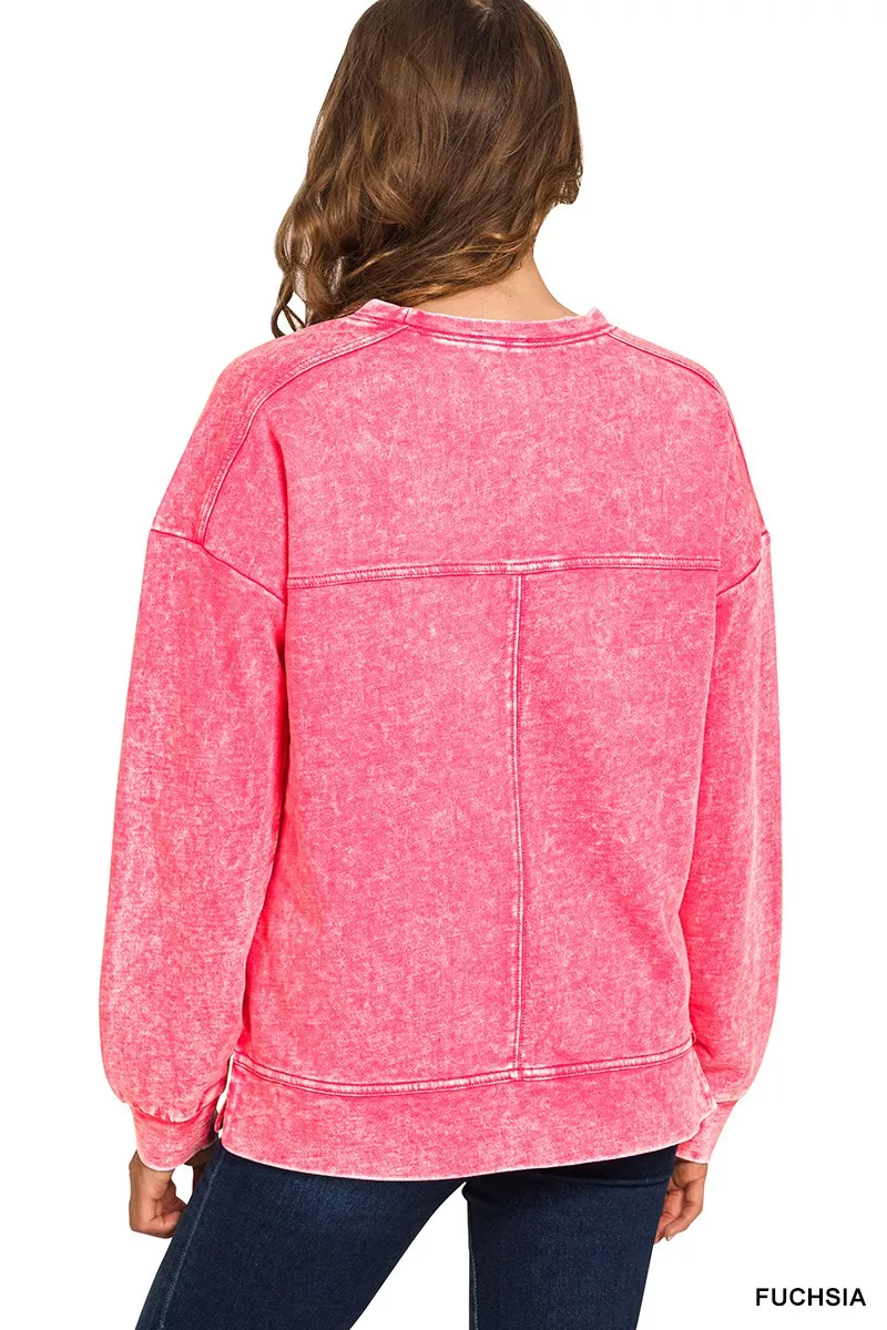 Zenana Acid Wash French Terry Exposed-Seam Pullover - Image 3
