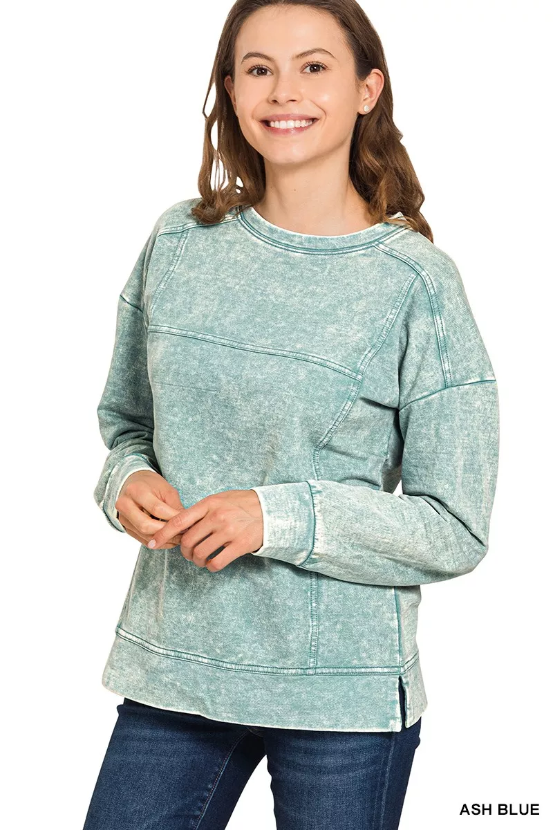 Zenana Acid Wash French Terry Exposed-Seam Pullover - Image 2