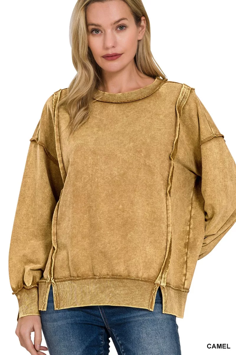 Zenana Acid Wash French Terry Exposed-Seam Sweatshirt