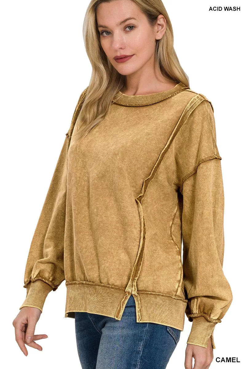 Zenana Acid Wash French Terry Exposed-Seam Sweatshirt - Image 2