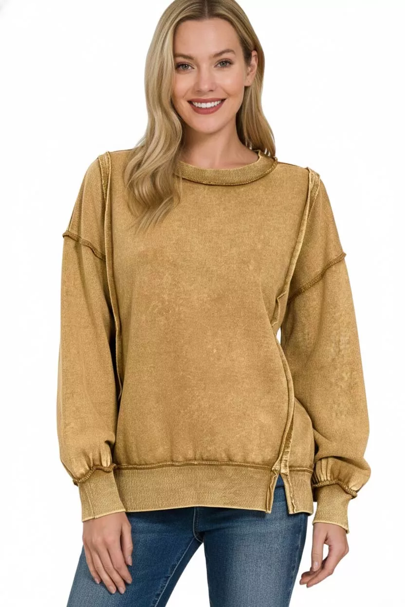 Zenana Acid Wash French Terry Exposed-Seam Sweatshirt - Image 3