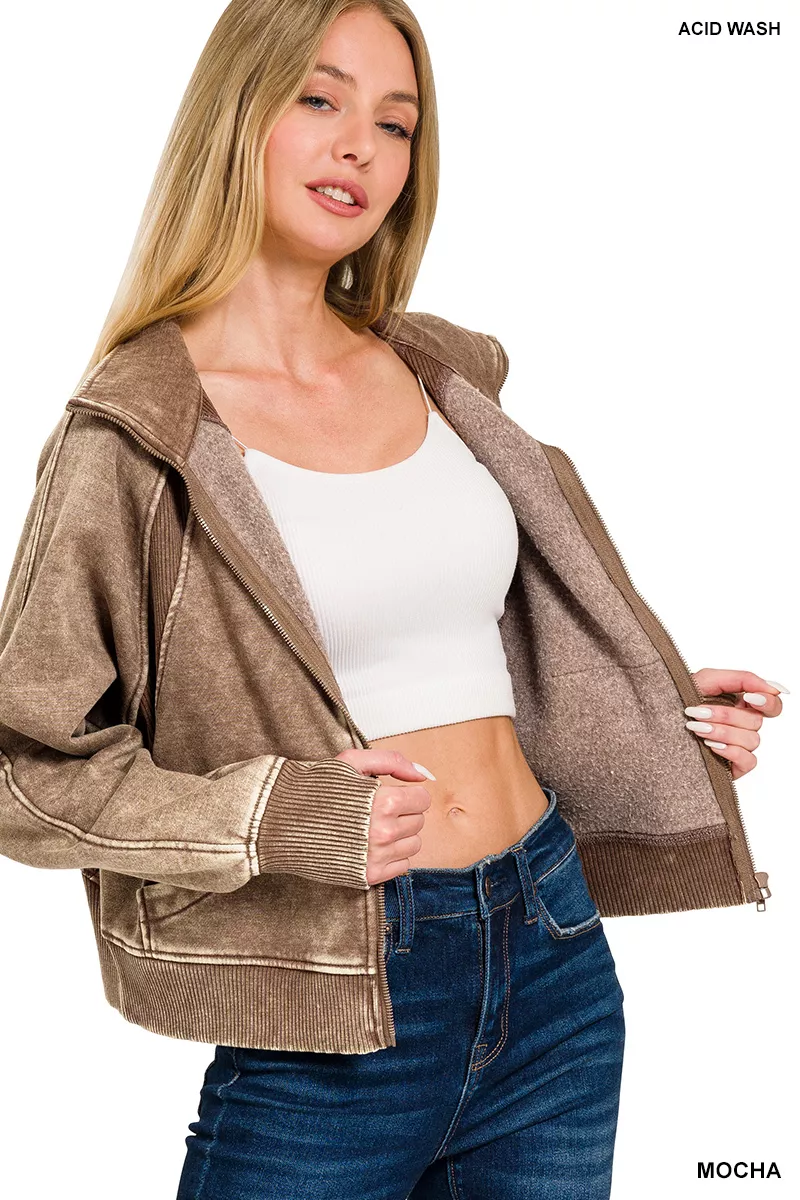Zenana Acid Wash Zip Up Fleece Jacket - Image 3
