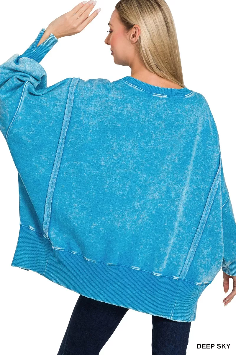 Zenana Acid Washed Batwing Sleeve Fleece Sweatshirt - Image 3