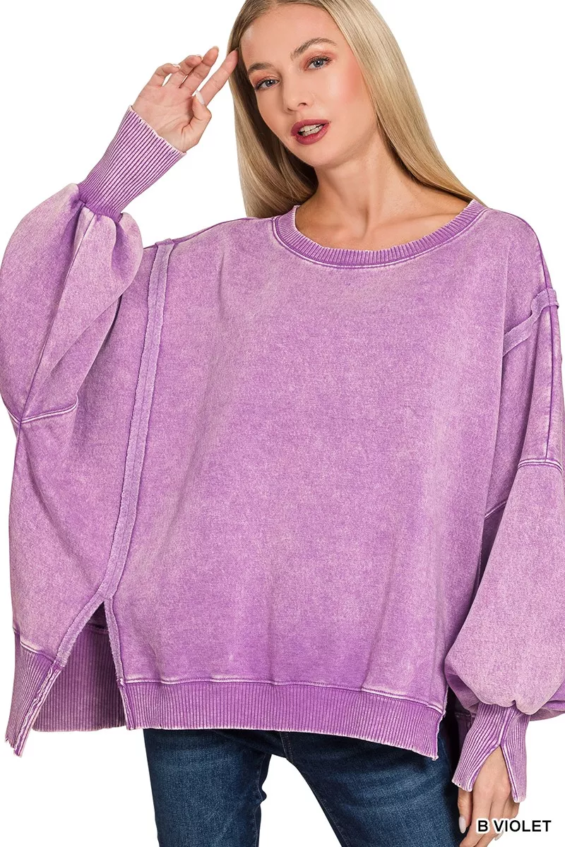 Zenana Acid Washed Batwing Sleeve Fleece Sweatshirt - Image 2
