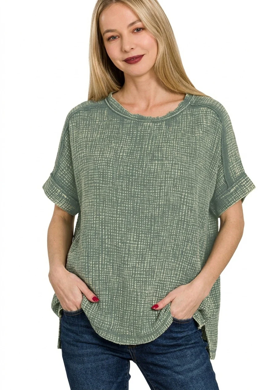Zenana Acid Washed Double Gauze Round-neck Tee - Image 2