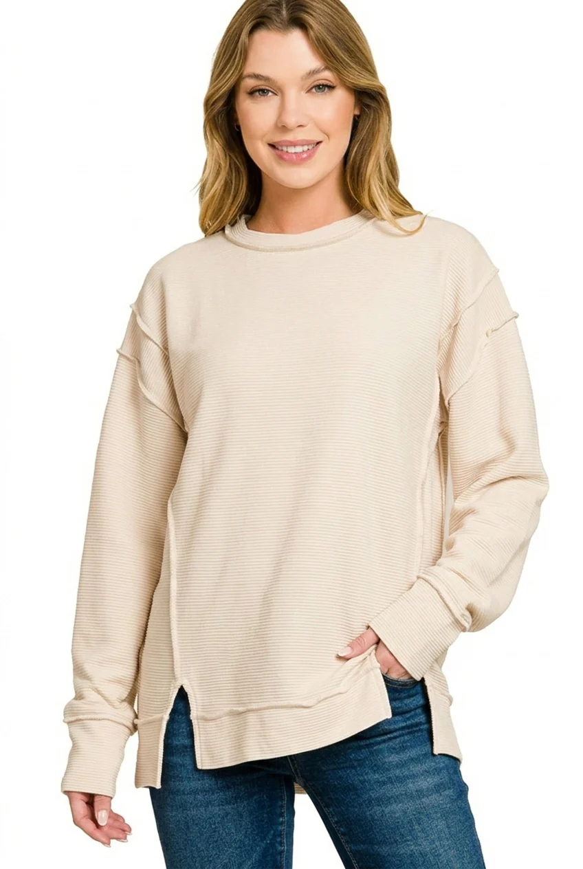 Zenana Acid Washed Double Ribbed Exposed-Seam Sweatshirt - Image 2