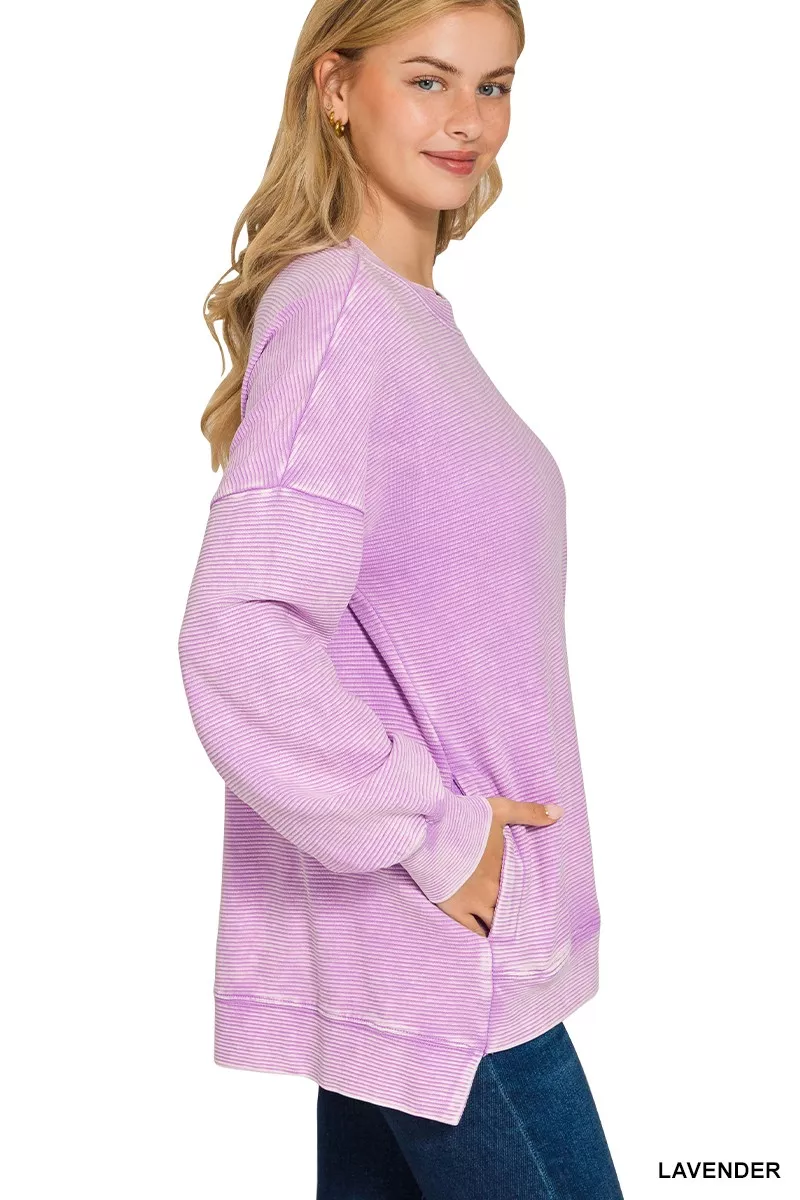 Zenana Acid Washed Double Ribbed Hi-low Sweatshirt - Image 2