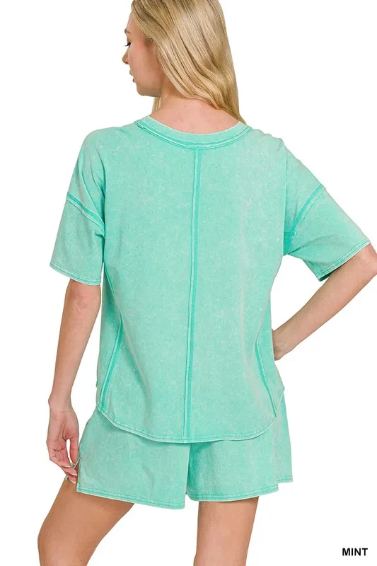 Zenana Acid Washed Short Sleeve Tee & Shorts Set - Image 3