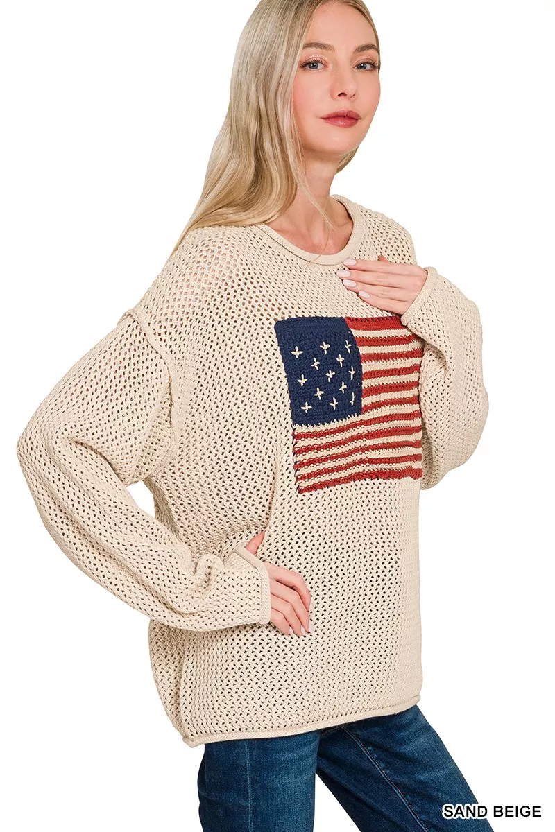 Zenana American Flag Crew Neck Sweater - Image 3