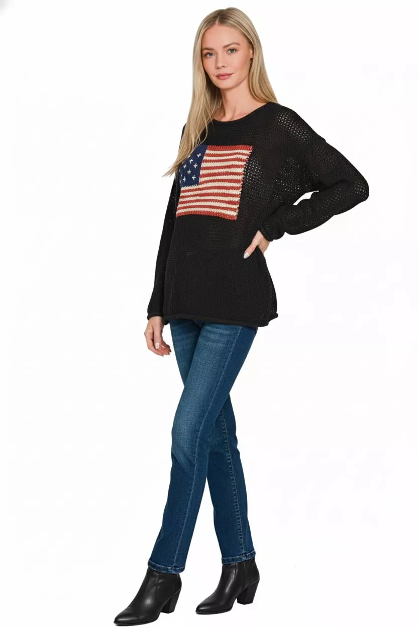 Zenana American Flag Crew Neck Sweater - Image 3