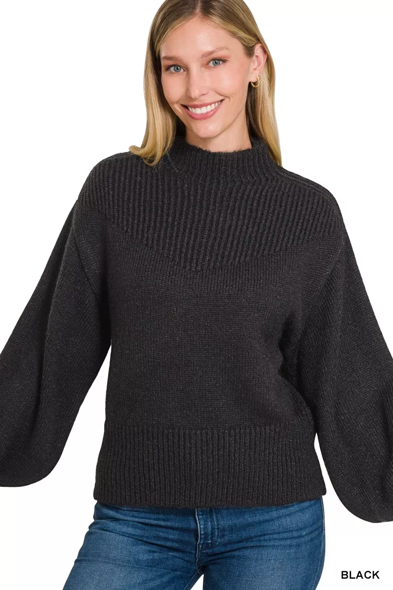 Zenana Balloon Sleeve Mock Neck Sweater - Image 2