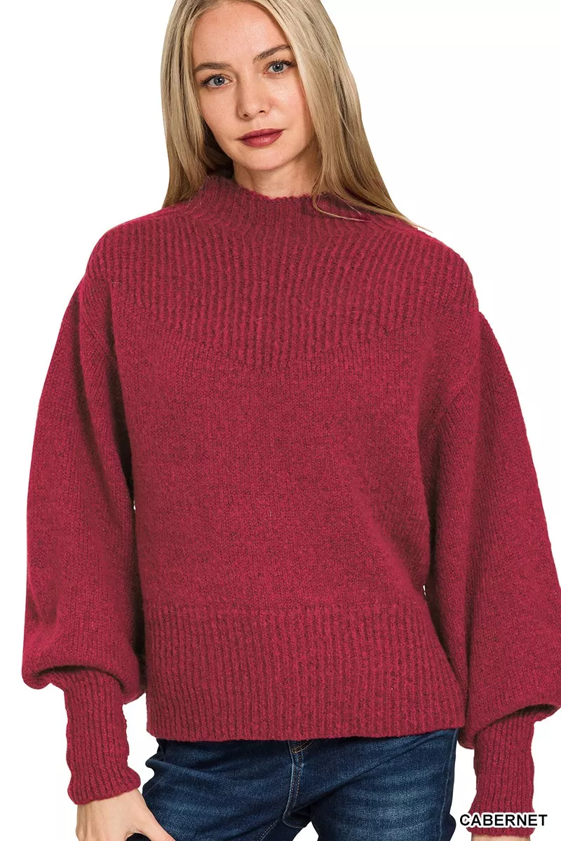 Zenana Balloon Sleeve Mock Neck Sweater - Image 2