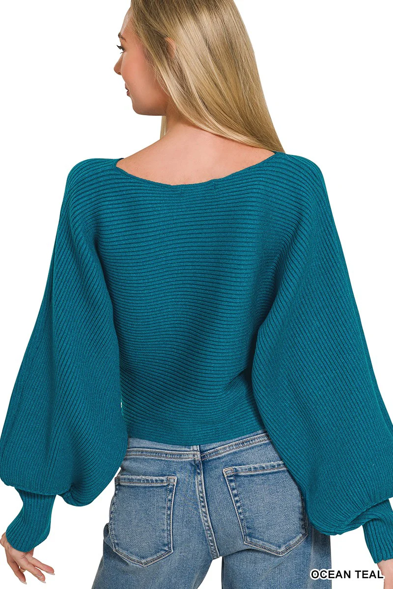 Zenana Boat Neck Balloon Sleeve Sweater - Image 3