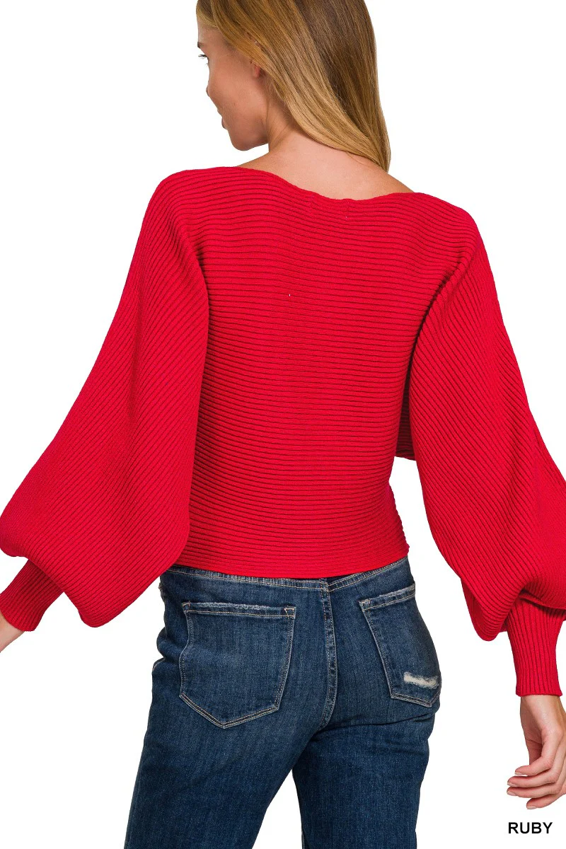 Zenana Boat Neck Balloon Sleeve Sweater - Image 2