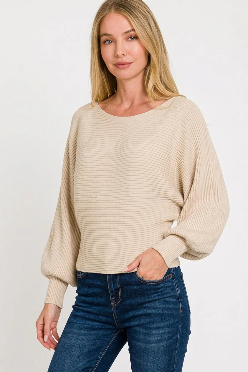 Zenana Boat Neck Balloon Sleeve Sweater - Image 2