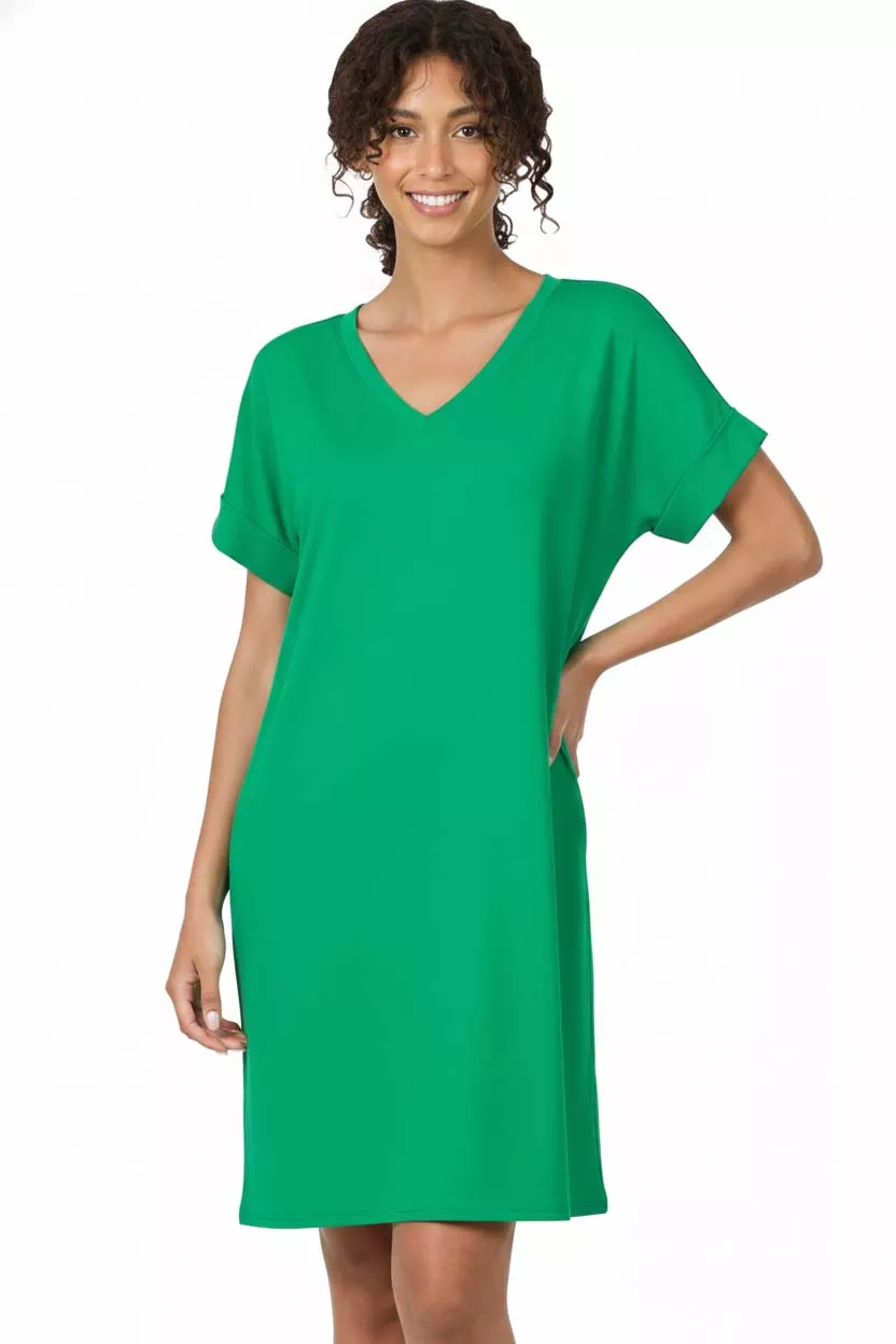 Zenana Brushed Dty Rolled Short Sleeve V-Neck Dress - Image 3