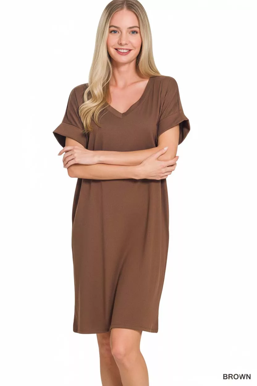 Zenana Brushed Dty Rolled Short Sleeve V-Neck Dress - Image 3