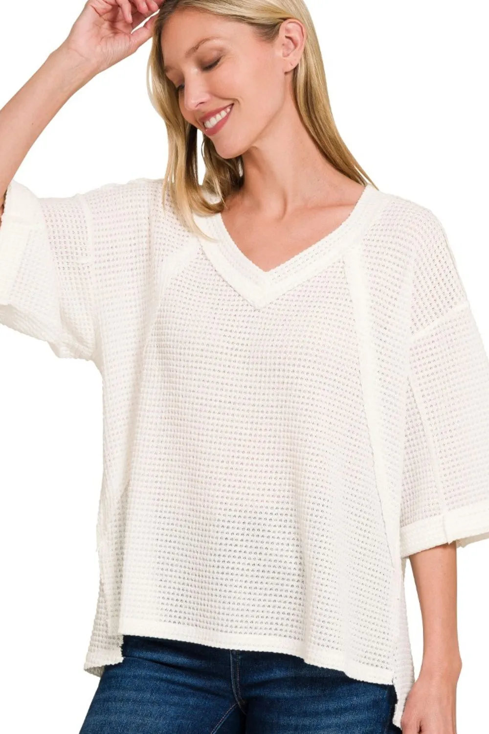 Zenana Brushed Waffle Exposed-seam 3/4 Sleeve Top - Image 2