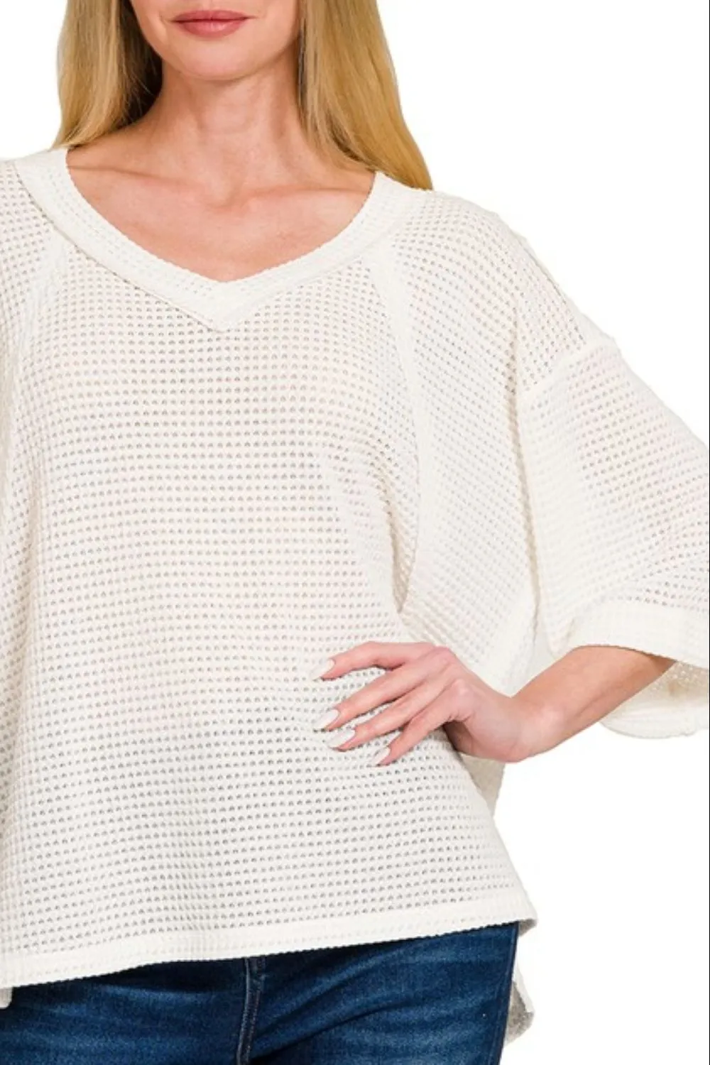 Zenana Brushed Waffle Exposed-seam 3/4 Sleeve Top - Image 3