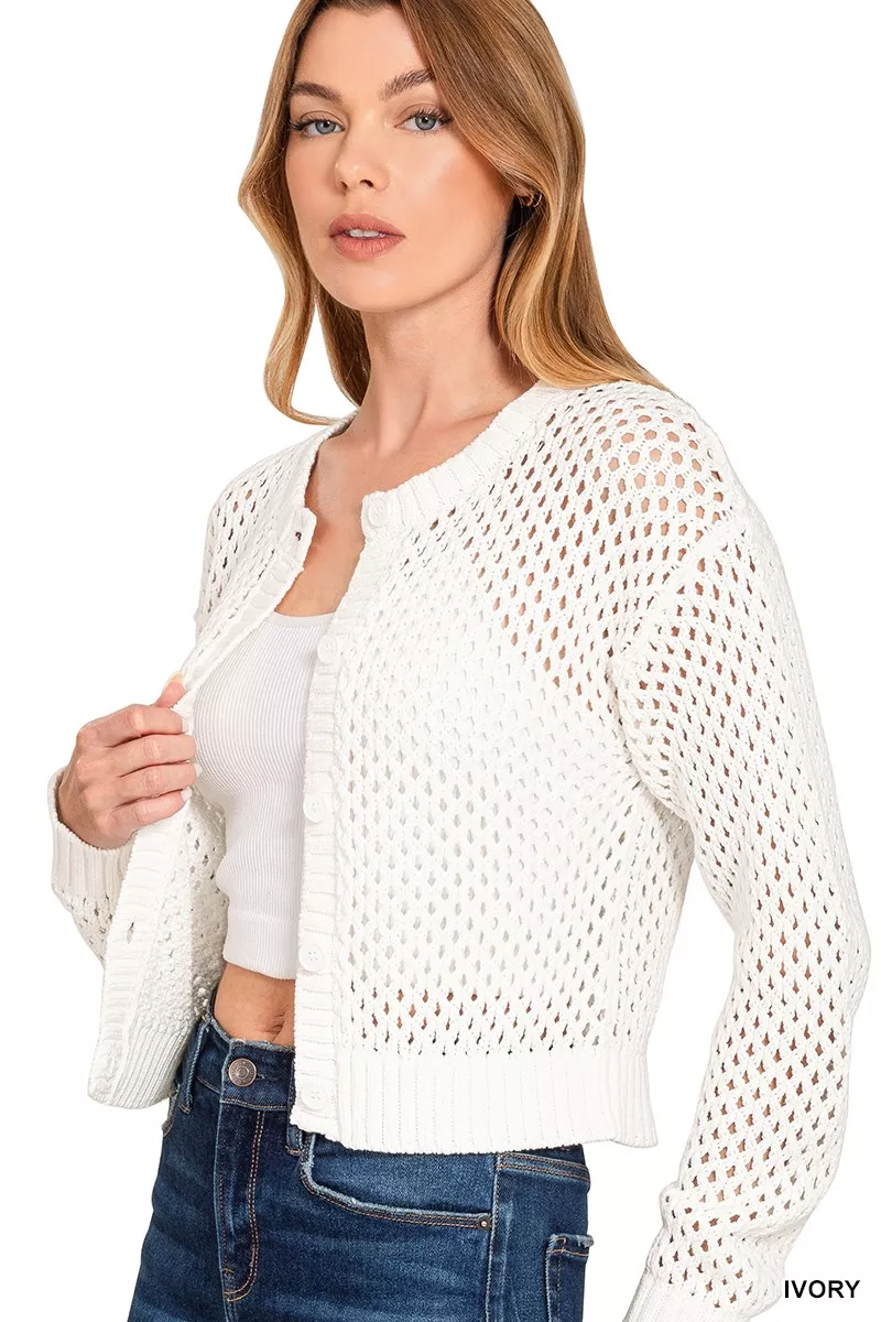 Zenana Button Down Lightweight Crochet Cardigan Sweater - Image 2