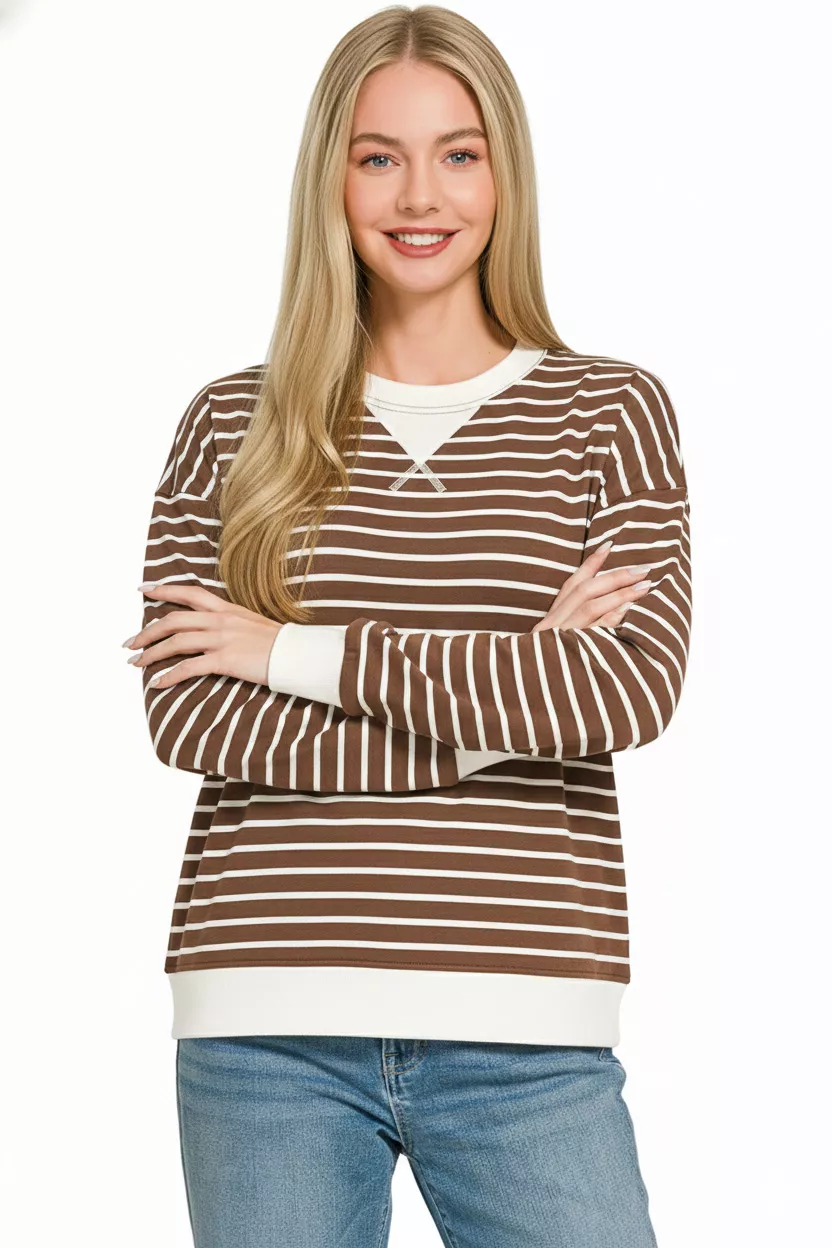 Zenana Contrast Striped Round Neck Sweatshirt - Image 3