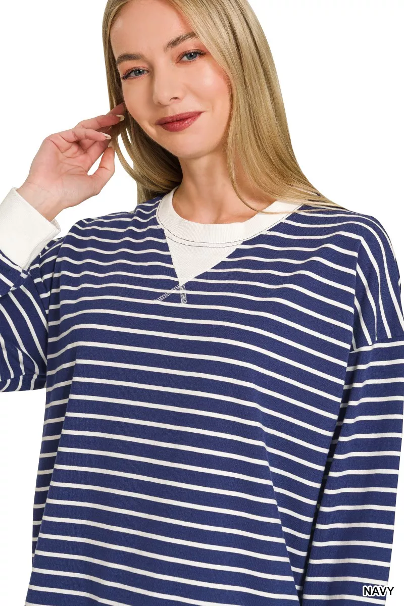 Zenana Contrast Striped Round Neck Sweatshirt - Image 2
