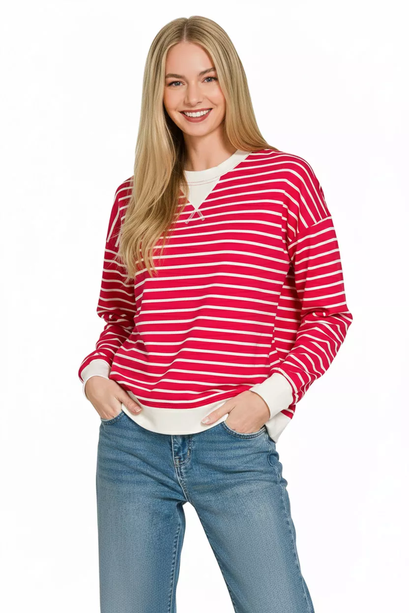 Zenana Contrast Striped Round Neck Sweatshirt - Image 3