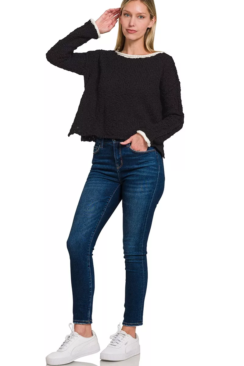 Zenana Contrast Trim Cropped Sweater - Image 3