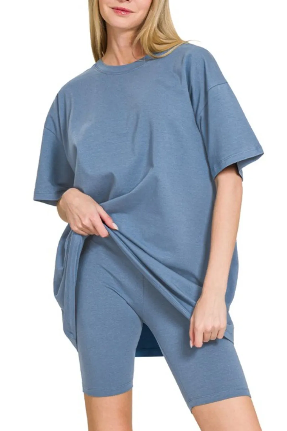 Zenana Cotton Round Neck Top & Biker Shorts - Image 3