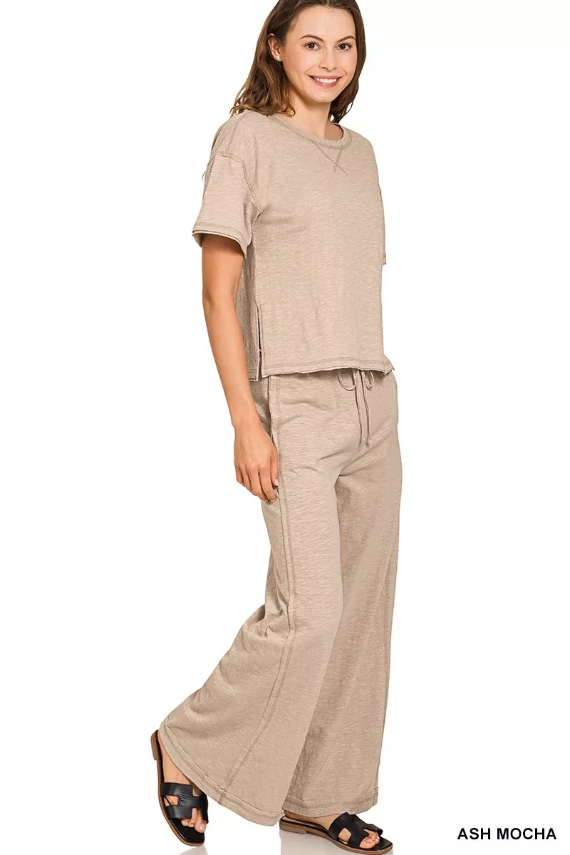 Zenana Cotton Slub Short Sleeve Tee and Pants Set - Image 2