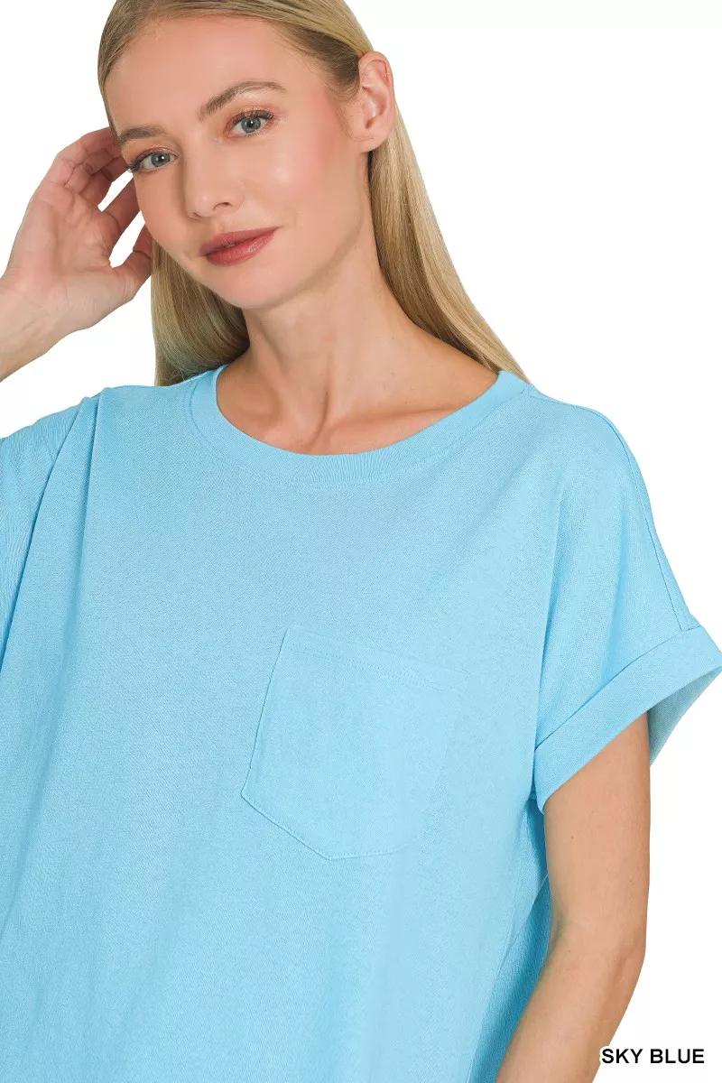 Zenana Cuffed Front Pocket Short Sleeve Tee - Image 2