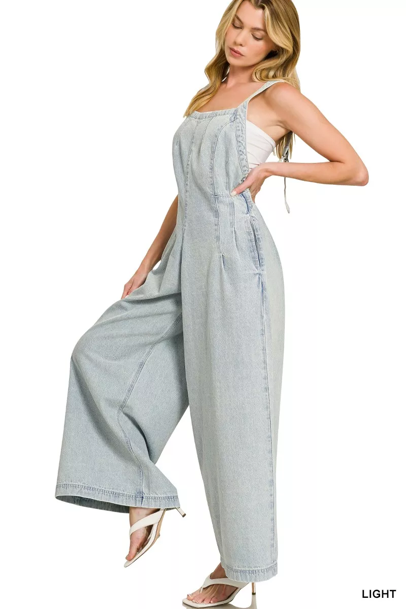Zenana Denim Light Washed Wide Leg Overalls - Image 5