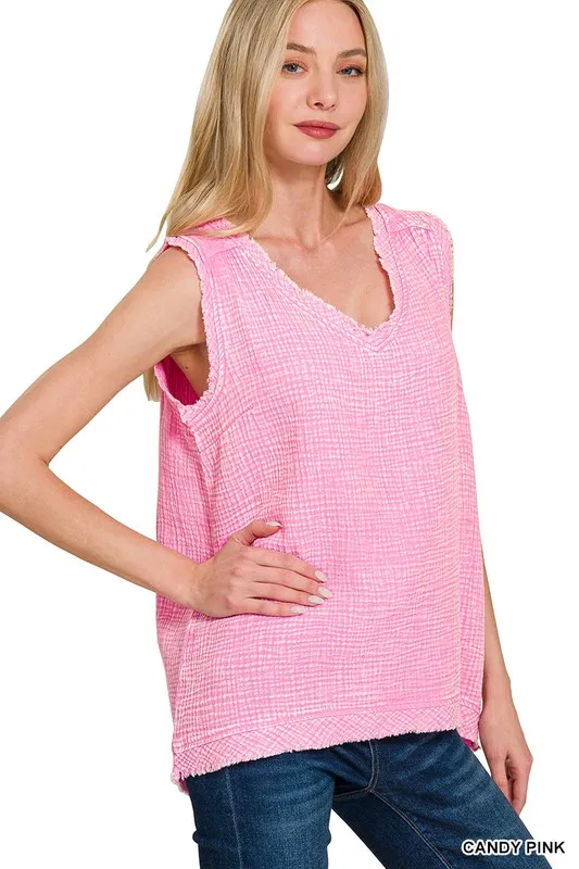 Zenana Double Gauze Raw Edge Acid Washed Tank
