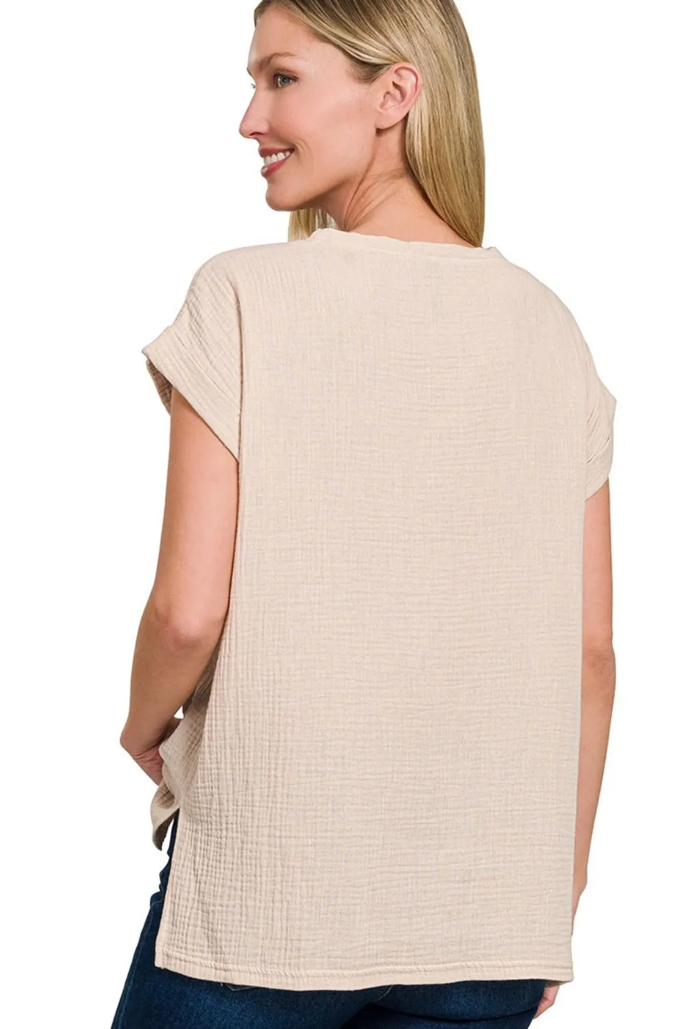 Zenana Double Gauze Round Neck Folded Short Sleeve Top - Image 2