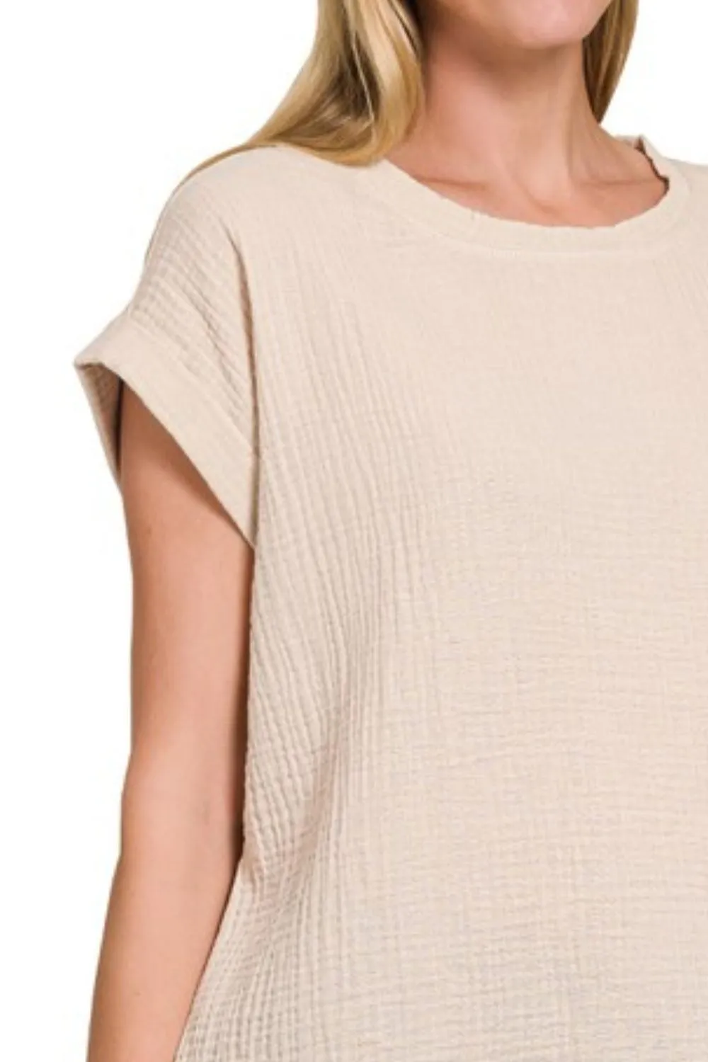 Zenana Double Gauze Round Neck Folded Short Sleeve Top - Image 3