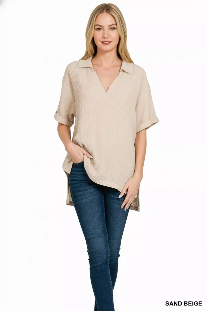 Zenana Double Gauze Short Sleeve High-Low Top - Image 3