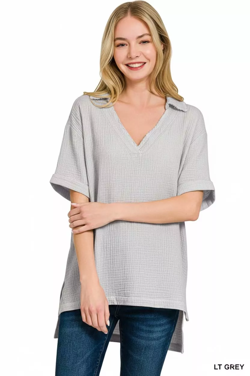 Zenana Double Gauze Short Sleeve High-Low Top - Image 2