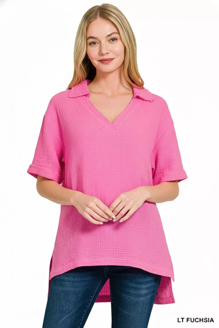 Zenana Double Gauze Short Sleeve High-Low Top - Image 3
