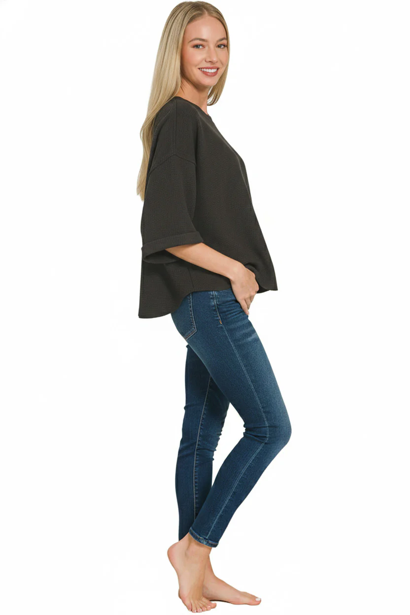 Zenana Double Knit Exposed Seam Curved Hem Top - Image 2