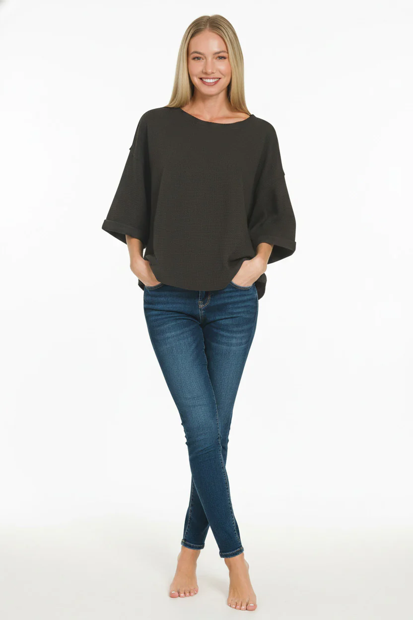 Zenana Double Knit Exposed Seam Curved Hem Top - Image 3