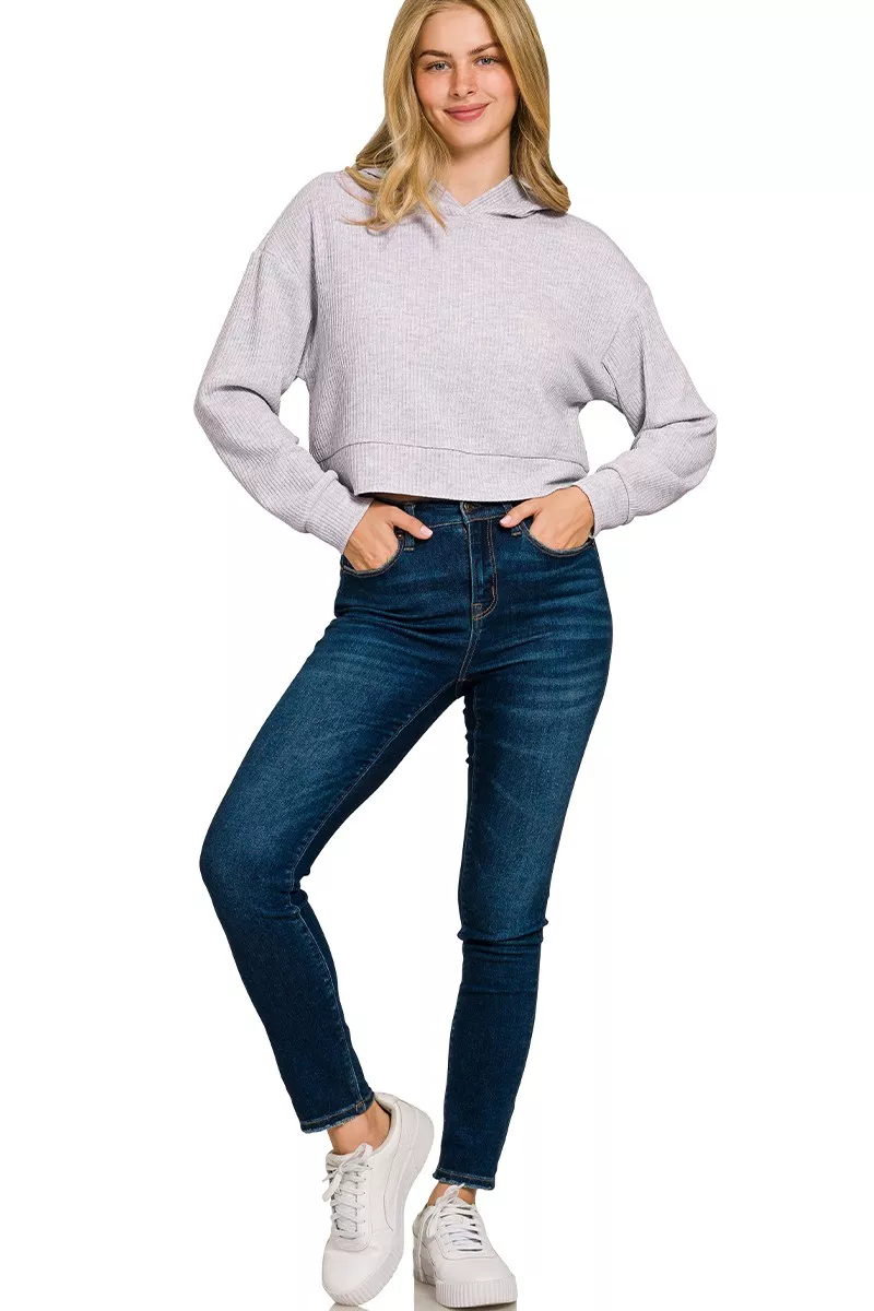 Zenana Drop Shoulder Ribbed Crop Hoodie - Image 5