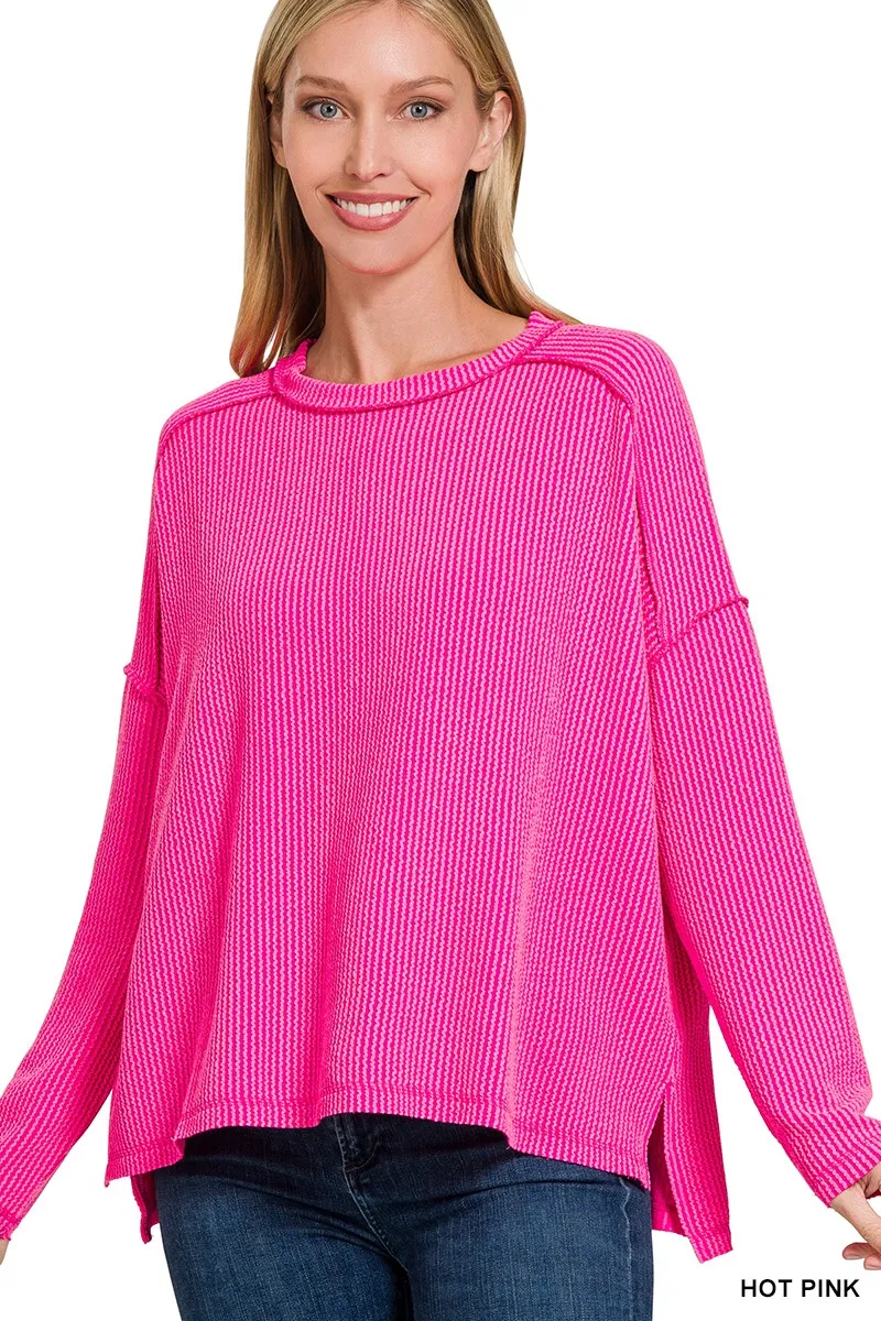 Zenana Exposed Seam Long Sleeve Corded Rib Knit Top - Image 2