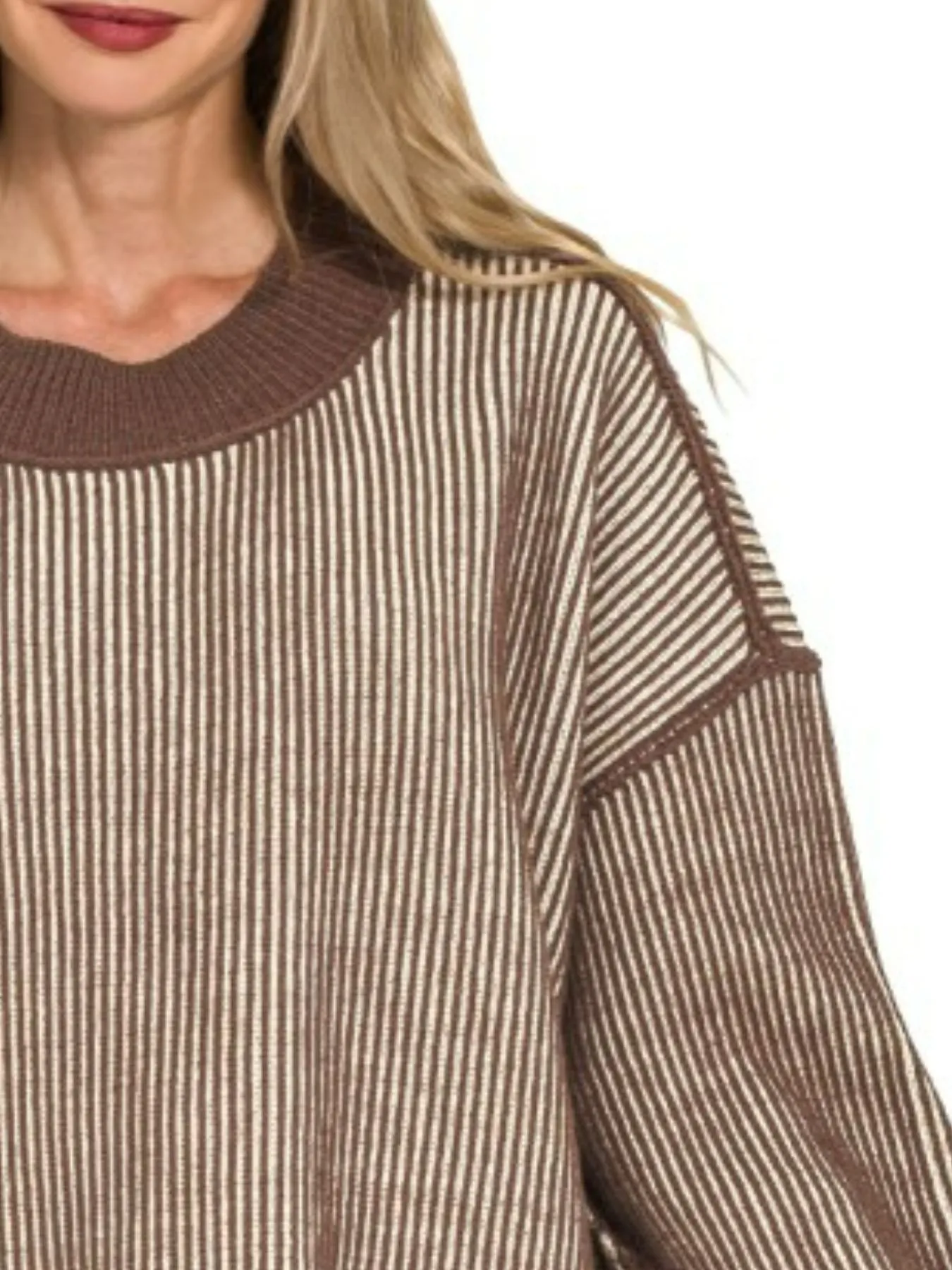 Zenana Exposed Seam Two Tone Ribbed Sweater - Image 2