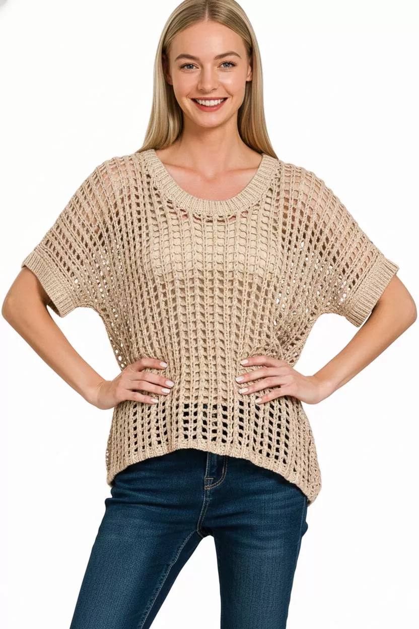 Zenana Fish Net Short Sleeve Crochet Knit Cover Up - Image 3