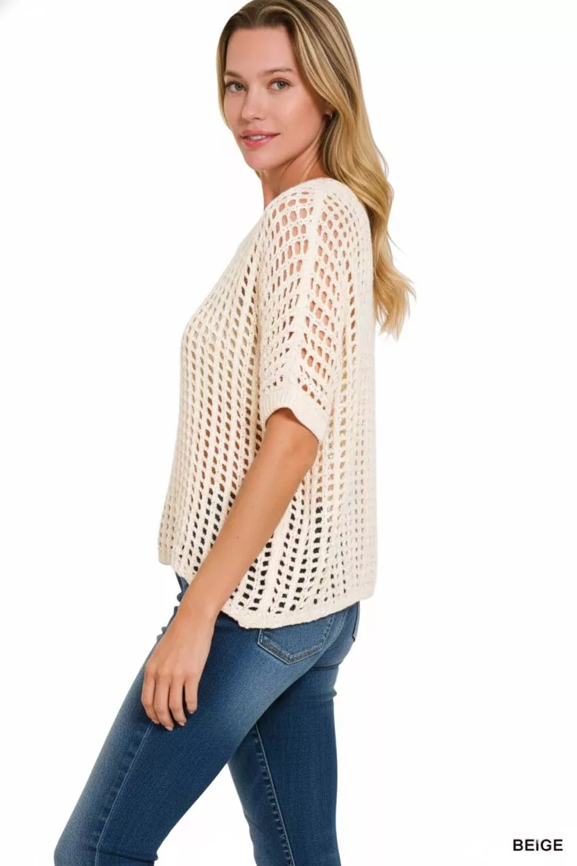 Zenana Fish Net Short Sleeve Crochet Knit Cover Up - Image 2