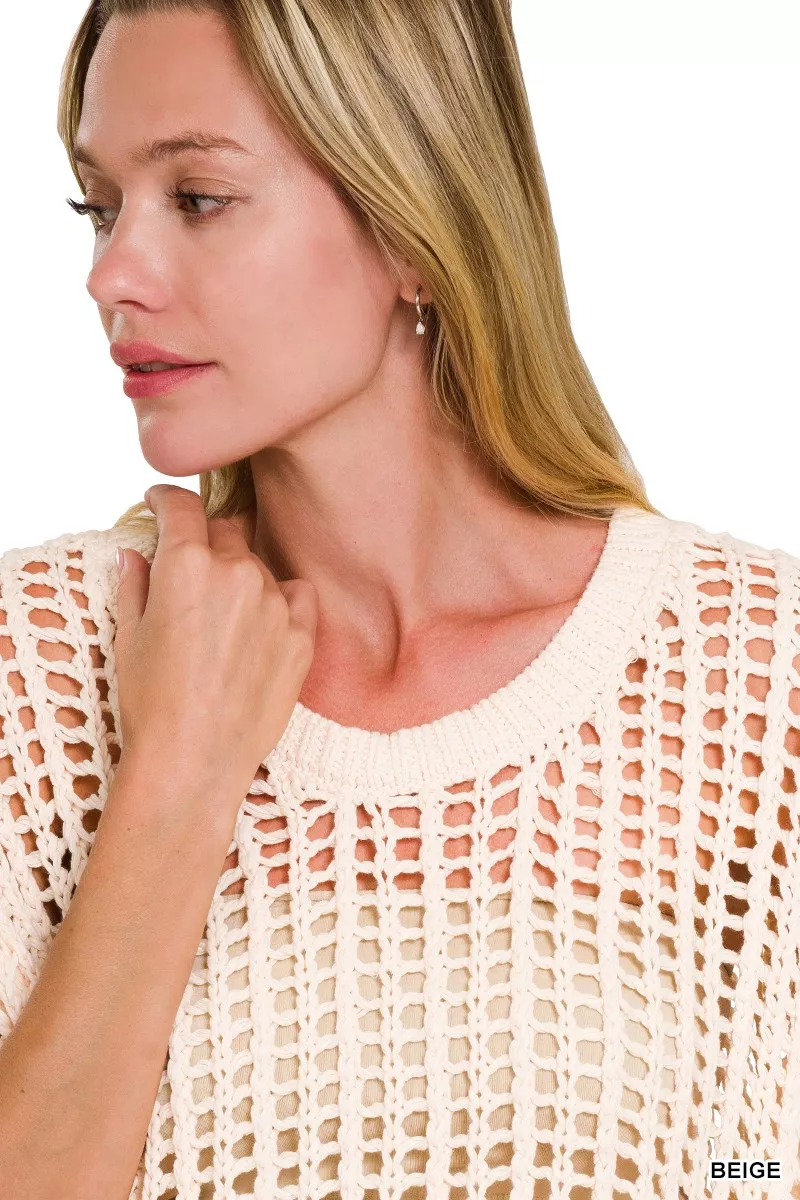 Zenana Fish Net Short Sleeve Crochet Knit Cover Up - Image 3