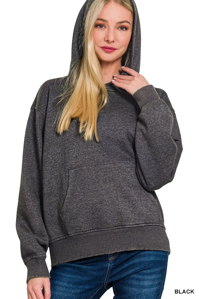 Zenana Fleece Acid Wash Kangaroo Pocket Hoodie - Image 2