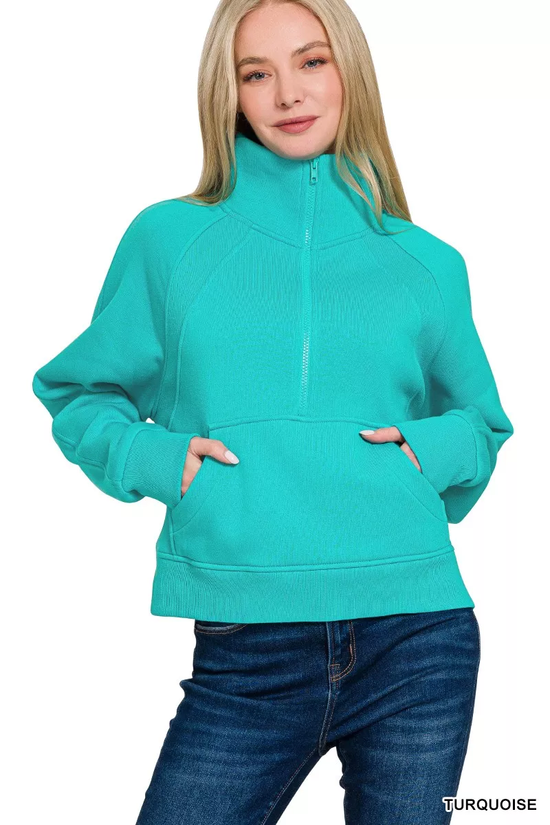 Zenana Fleece Half Zip Kangaroo Pocket Sweatshirts - Image 2