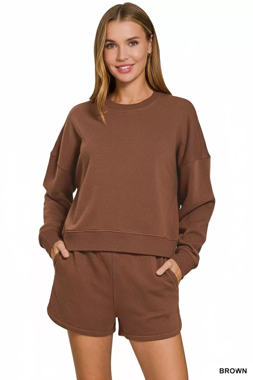 Zenana Fleece Long Sleeve Sweatshirts and Shorts Set - Image 3