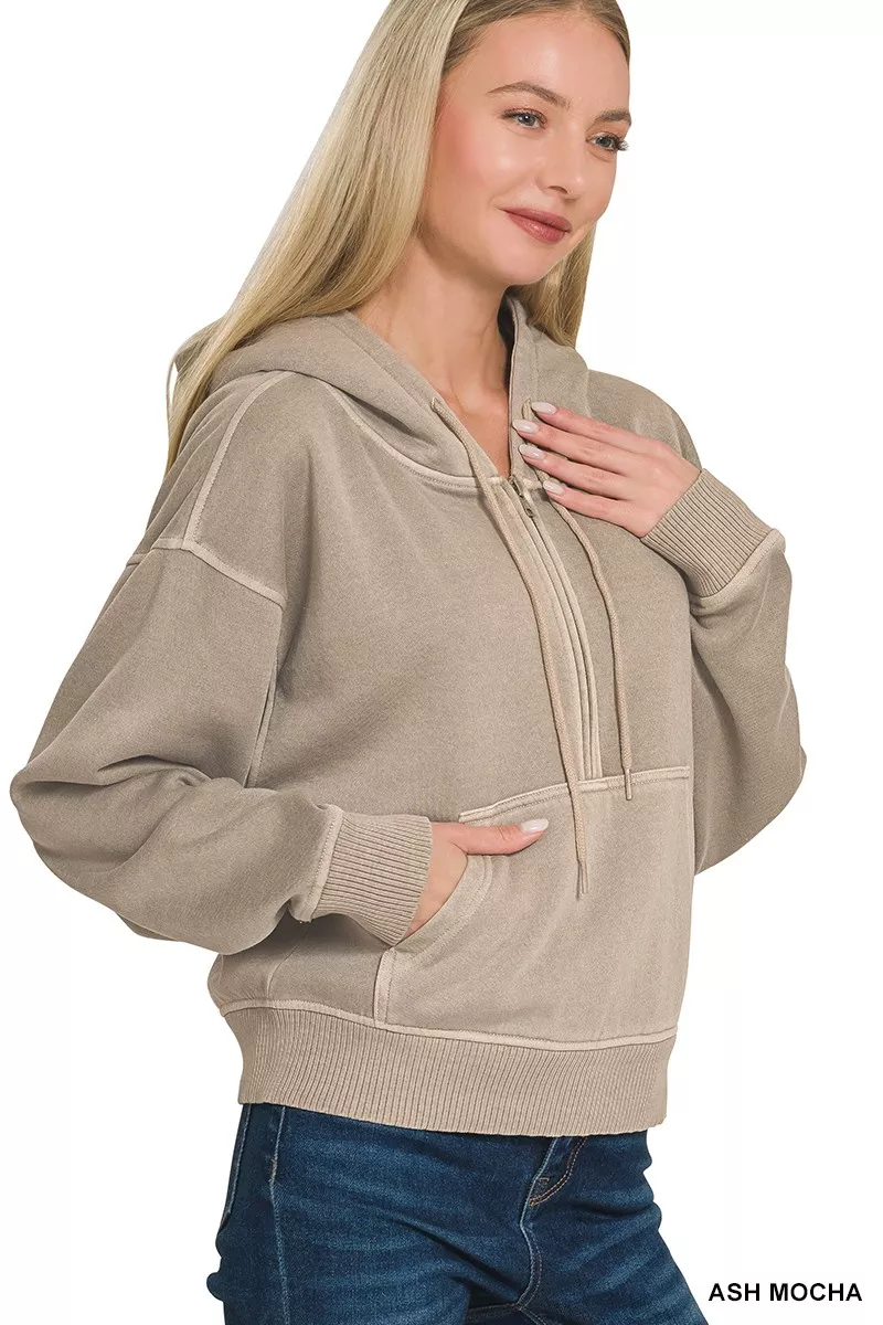 Zenana Fleece Pigment Dye Half Zip Kangaroo Pocket Hoodie - Image 2